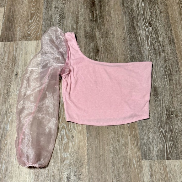 Blue Blush Tops - Blue Blush - One-Shoulder Top with Organza Sleeve - Size Small